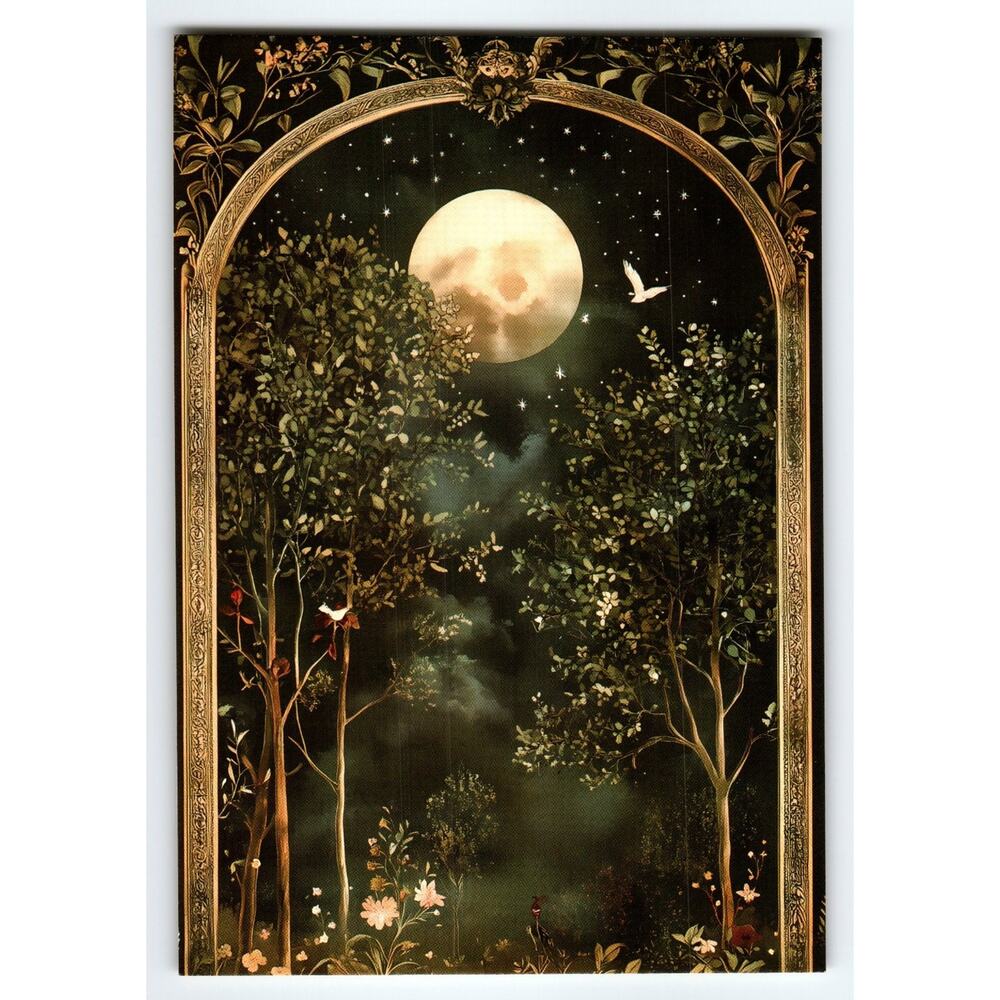 Vintage Halloween Moonlit Night Trees Photochrome Postcard 5.5x4"